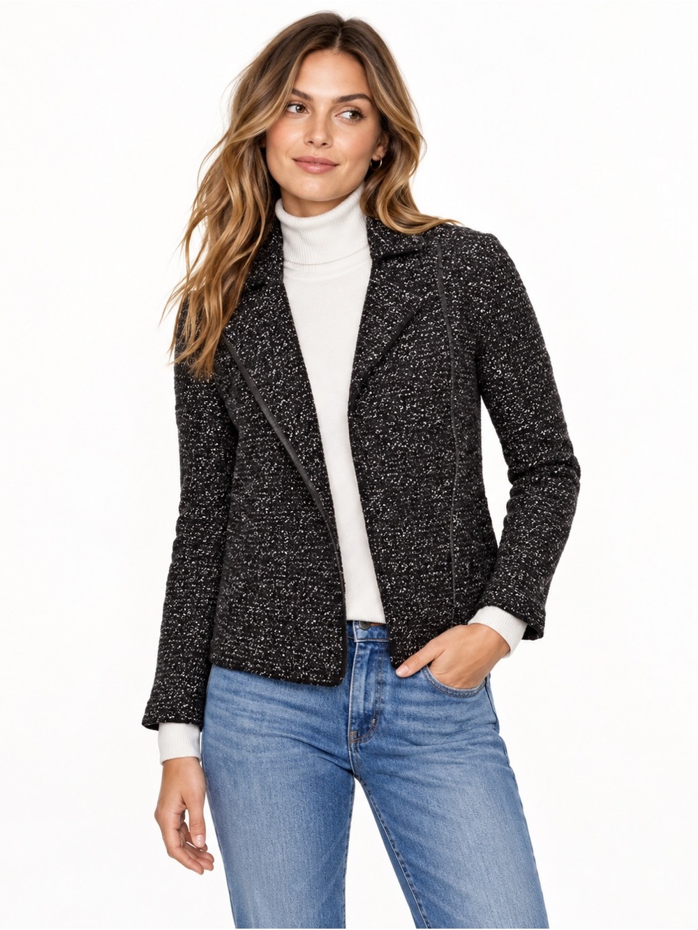 J. Crew Boucle Moto Jacket Black Marled Blazer asymmetrical zip streetwear 2